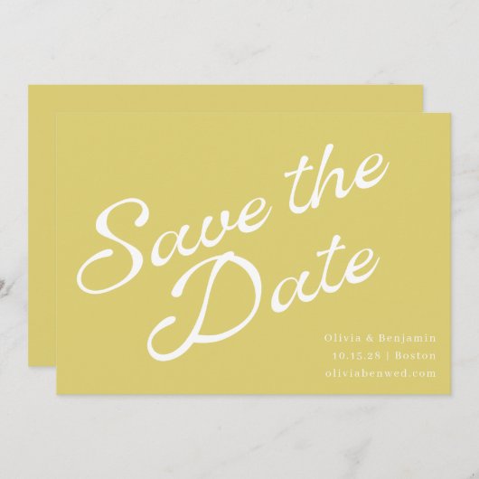 Tropical Chartreuse Yellow Retro Script Wedding Save The Date (Voorkant / Achterkant)