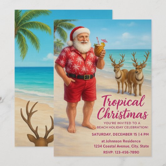 Tropical Christmas Beach Party Invitation Kaart (Voorkant / Achterkant)