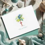 Tropical Christmas Kaart Palm Trees Briefkaart<br><div class="desc">Deze tropische kerstkaarten met een palmboom en rode strik zijn ontworpen met behulp van mijn handgeschilderde originele waterverf kunstwerk. De woorden Warmest Wishes zijn ingesteld in een stijlvolle scripttypografie en kunnen naar wens worden gepersonaliseerd. De briefkaarten zijn omgekeerd naar een eilandturkooisblauwe groene effen kleur met handgelineerde details. Een uniek design...</div>