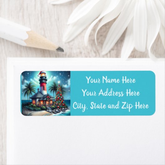 Tropical Christmas Lighthouse retouradres Etiket (Insitu)
