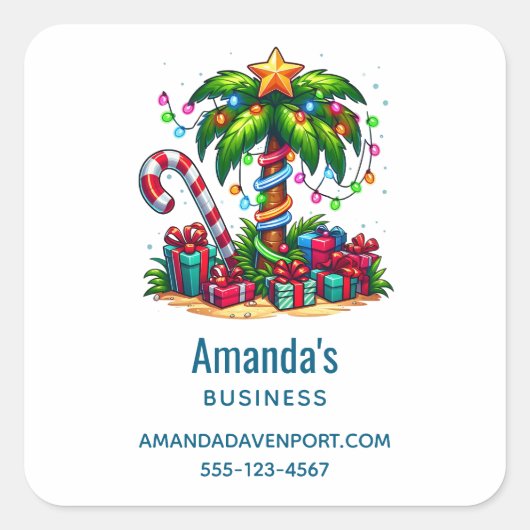Tropical Christmas Palm Tree Business Vierkante Sticker (Voorkant)