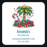 Tropical Christmas Palm Tree Business Vierkante Sticker<br><div class="desc">Zakelijke stickers met een seizoensgebonden vakantie afbeelding. Een tropische palmboom versierd in feestelijke lichten met een ster op de top. Een gigantische rode en witte suikerriet steken uit het zand. Kerstcadeautjes onder de boom. Grappig en leuk.</div>