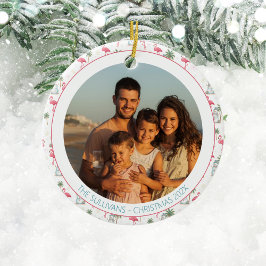 Tropical Christmas Pink Flamingo Family Photo Keramisch Ornament