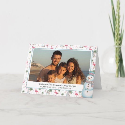 Tropical Christmas Pink Flamingo & Palm Tree Photo Feestdagen Kaart (Voorkant)