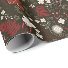 Tropical Christmas Red Sage Black Hibiscus Floral Cadeaupapier