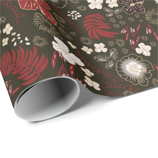 Tropical Christmas Red Sage Black Hibiscus Floral Cadeaupapier (Rol Hoek)