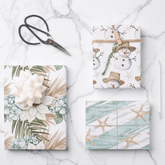 Tropical Christmas Watercolor Snowmen & Starfish Inpakpapier Vel (Voorkant)