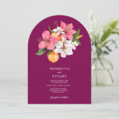 tropical citrus pink arched all in one wedding kaart (Staand voorkant)