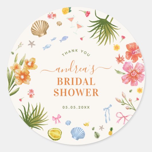 Tropical Coastal Hand Drawn Shells Bridal Shower Ronde Sticker (Voorkant)