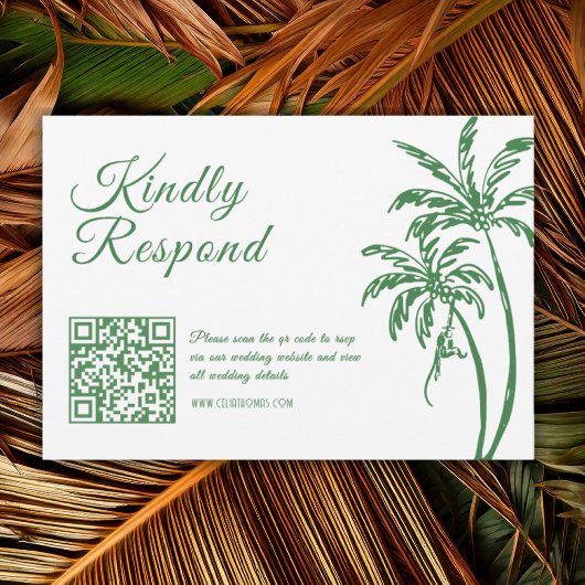 Tropical Coastal Retro Beach Green Wedding QR Code RSVP Kaartje