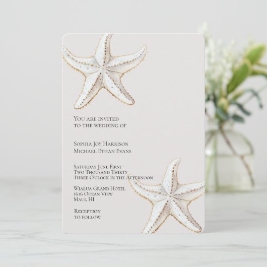 Tropical Cream Gold White Starfish Beach Wedding Kaart (Staand voorkant)