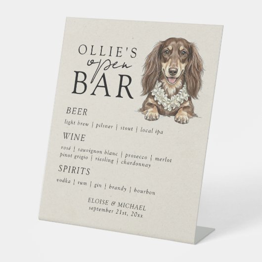 Tropical Dachshund Wedding Open Bar Menu Reclamebord Met Voetstuk (Voorkant)