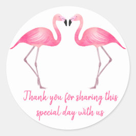 Tropical dank u roze flamingo bruiloft ronde sticker