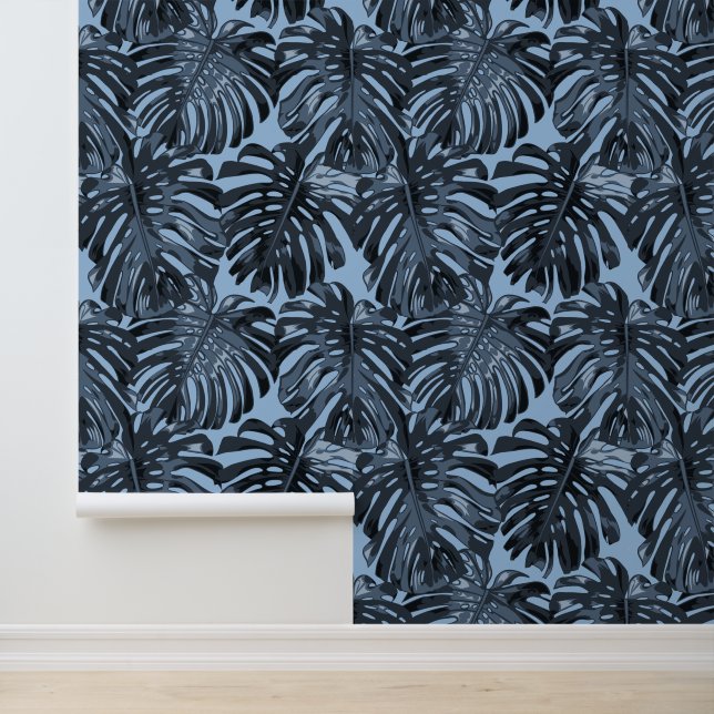 Tropical Dark Blue Black Jungle Leaves Behang (Applicatie)