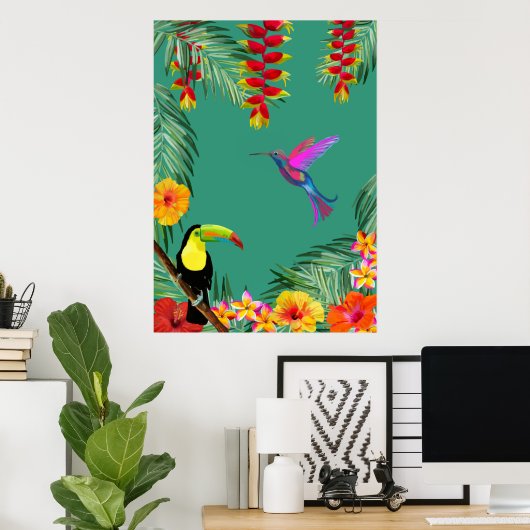 Tropical Delight hummingbird toucan flowers  Poster (Thuiskantoor)