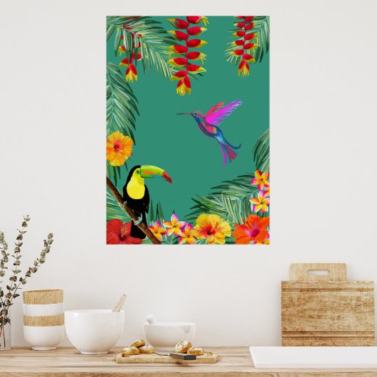 Tropical Delight hummingbird toucan flowers  Poster (Keuken)