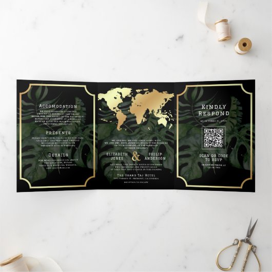 Tropical Destination Wereldkaart Alles in één brui Drieluik Uitnodiging (Binnen)