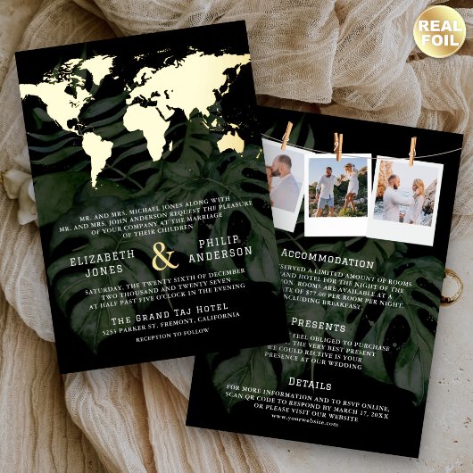 Tropical Destination Wereldkaart Alles in één brui Folie Uitnodiging