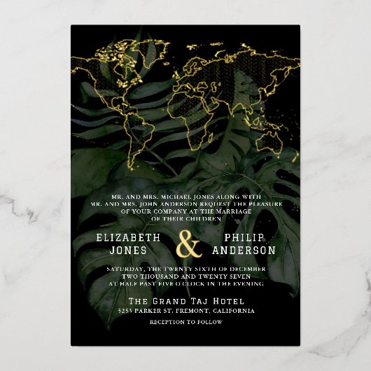 Tropical Destination Wereldkaart Alles in één brui Folie Uitnodiging (Voorkant)