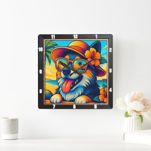 Tropical Dog Zonnebril Cartoon Vierkante Klok (Huis)