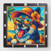 Tropical Dog Zonnebril Cartoon Vierkante Klok (Voorkant)
