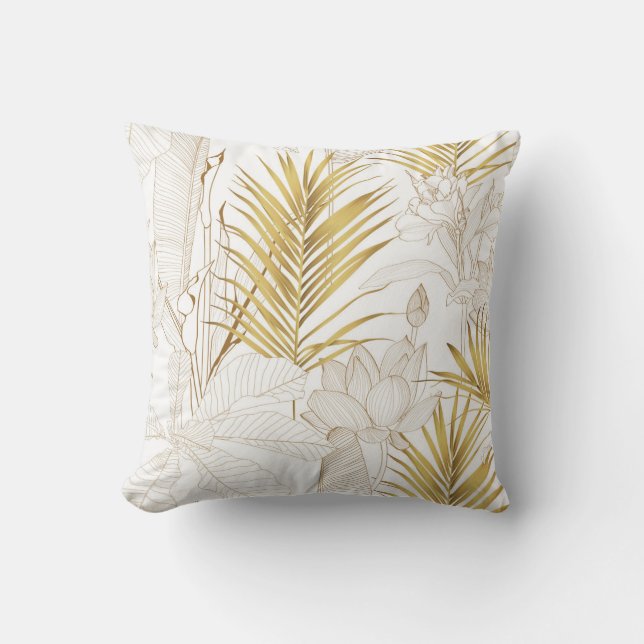 Tropical exotic floral line golden palm leaves and kussen (Voorkant)