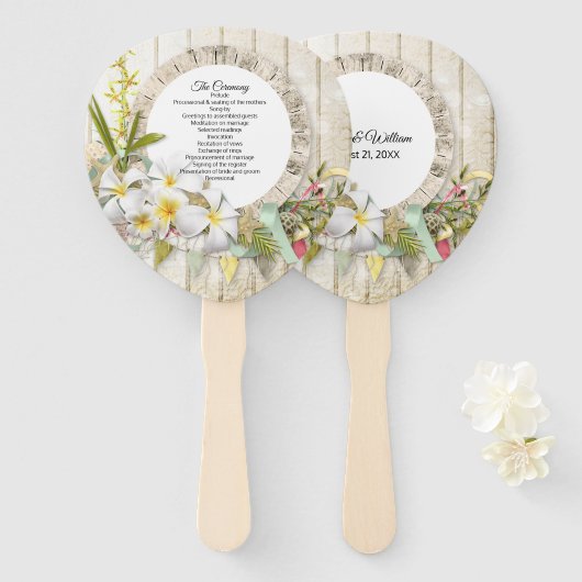 Tropical Faux Wood and Floral Wedding Program Handwaaier (Voorkant en achterkant)