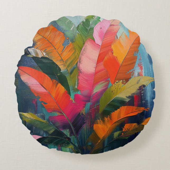 Tropical Feathers – Vibrant Botanical Abstraction Rond Kussen (Voorkant)