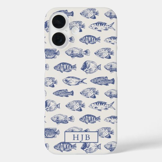 Tropical Fish Blue Sketch Monogram iPhone 16 Hoesj Case-Mate iPhone Case (Achterkant)