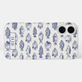 Tropical Fish Blue Sketch Monogram iPhone 16 Hoesj Case-Mate iPhone Case (Achterkant (horizontaal))