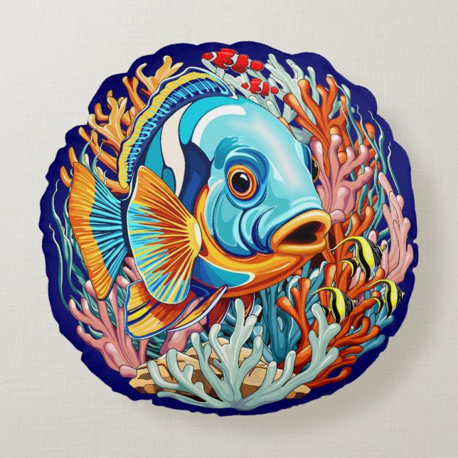 Tropical Fish Colorful Summer Vibes Rond Kussen (Voorkant)
