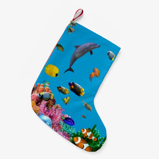 Tropical fish & dolphin blue Christmas stocking Kleine Kerstsok (Voorkant (Hangend))