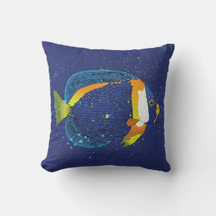 Tropical Fish Print Navy Blauw en Geel Natuur Kussen