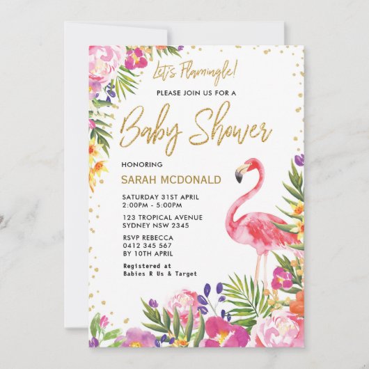 Tropical Flamingo Baby shower Bloemenuitnodiging Kaart (Voorkant)
