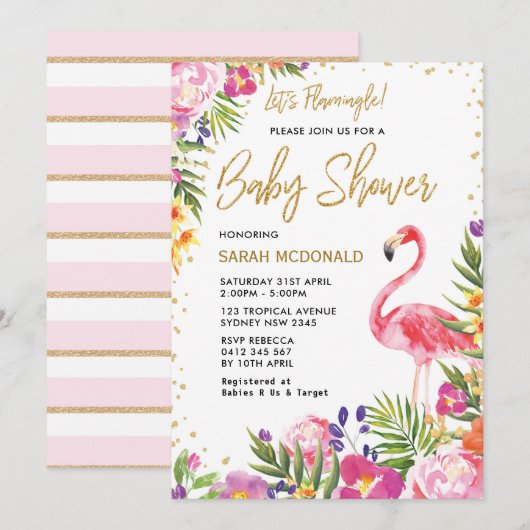 Tropical Flamingo Baby shower Bloemenuitnodiging Kaart (Voorkant / Achterkant)