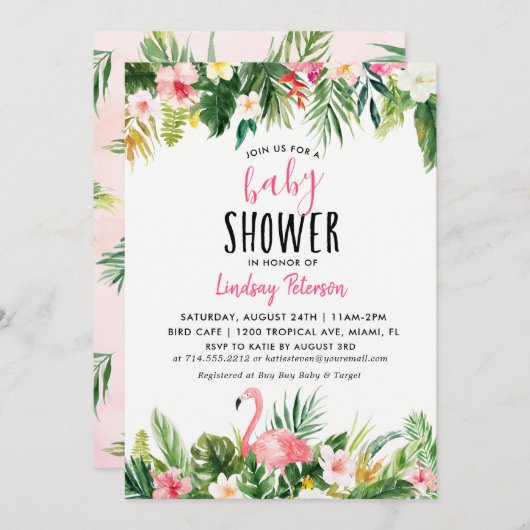 Tropical Flamingo Baby shower Invitation Kaart (Voorkant / Achterkant)