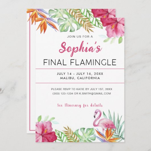 Tropical Flamingo Bachelorette Party Uitnodiging (Voorkant / Achterkant)