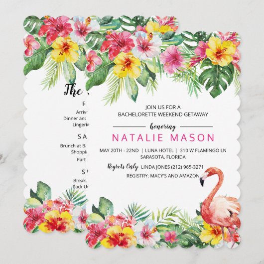 Tropical Flamingo Bachelorette Weekend Uitnodiging (Voorkant / Achterkant)