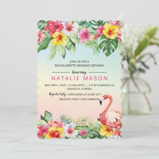 Tropical Flamingo Bachelorette Weekend Uitnodiging (Staand voorkant)