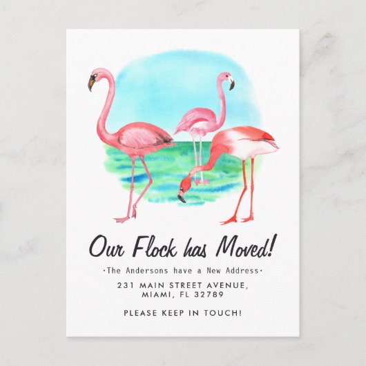 Tropical Flamingo Flock Verplaatst Nieuw Adres Ver Aankondigingskaart (Voorkant)