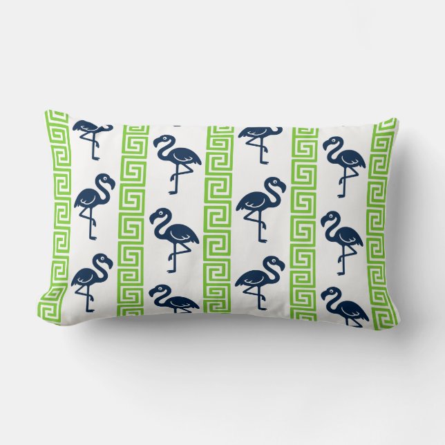 Tropical Flamingo - Greek Key Navy & Lime Kussen (Voorkant)