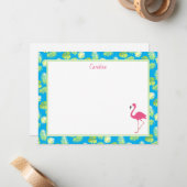 Tropical Flamingo Palm Branches Blue Stationery Notitiekaartje (Voorkant / Achterkant in situ)