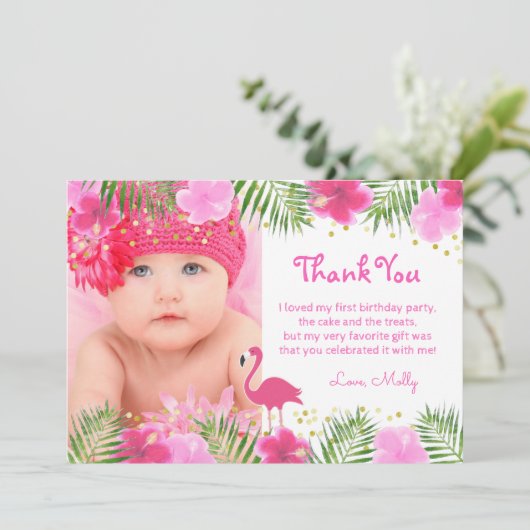 Tropical Flamingo Palm Branches Luau Birthday Girl Bedankkaart (Staand voorkant)