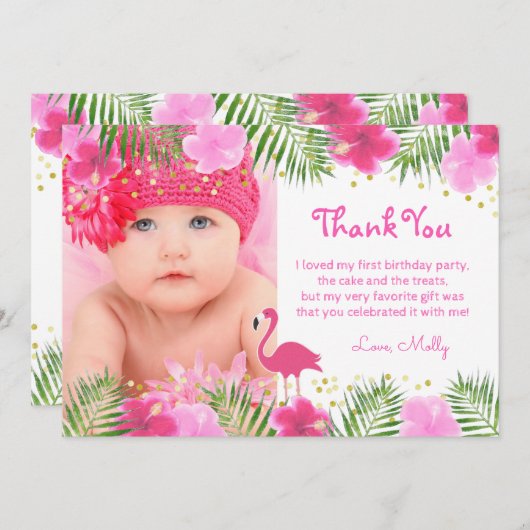 Tropical Flamingo Palm Branches Luau Birthday Girl Bedankkaart (Voorkant / Achterkant)