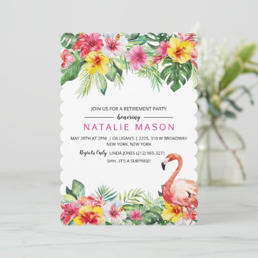 Tropical Flamingo Pensioen Party Uitnodiging (Staand voorkant)