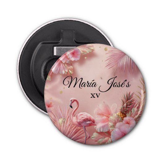 Tropical Flamingo Quinceañera, custom Button Flesopener (Voorkant)