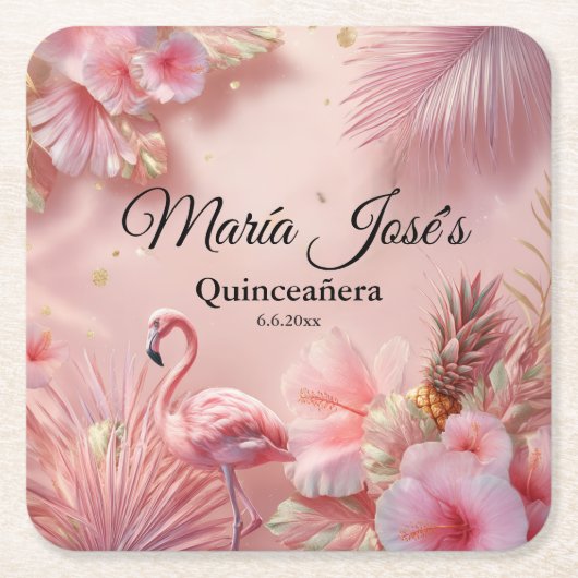 Tropical Flamingo Quinceañera, custom Kartonnen Onderzetters (Voorkant)