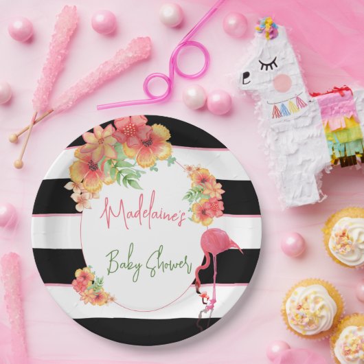 Tropical Flamingo Roze Zwart Streep Baby shower Papieren Bordje (Feest)