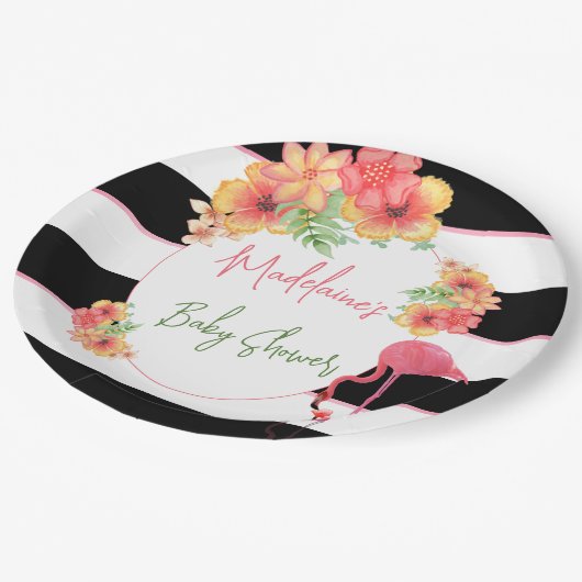 Tropical Flamingo Roze Zwart Streep Baby shower Papieren Bordje (Gekanteld)