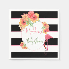 Tropical Flamingo Roze Zwart Streep Baby shower Servet